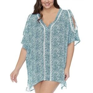 Raisins Curve Plus Sz Tranquillo Cold-Shoulder Cover up Tunic 1X Aqua Blue Print